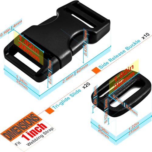 LASIGHT Buckles for 1 inch Wide Webbing Straps: Quick Side Release Buckle 10 set and Tri-Glide Slide 20 pcs Fit 1" Nylon Web Belt, Plastic Snap Fastener Clip Heavy Duty Replacement Dual Adjustable - size: 10 Set for 1 inch Webbing