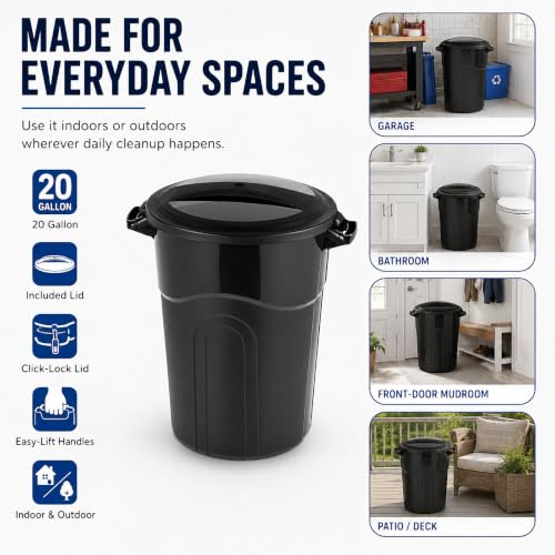 20 Gallon Commercial Garbage Can, Heavy Duty Plastic Trash Bin with Lid - size: 20 Gallon Round