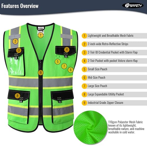 JKSafety Safety Vest for Men Women Hi Vis Reflective Vest JK220 Green S - color: Green, size: Small