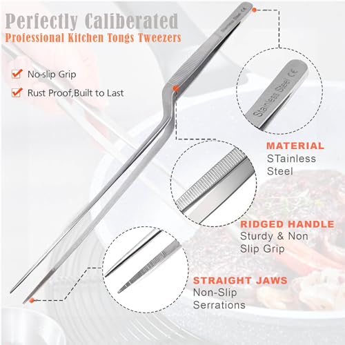 Professional Culinary Stainless Steel Precision Tongs with Serrated Tips, Plating/Food Presentation Detailing Serving Tongs, Chef's Kitchen Tweezer Tongs - Ultra Non-Slip Grip (12" 4 PCS) - size: 12" 4 PCS