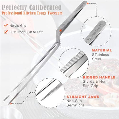 Professional Culinary Stainless Steel Precision Tongs with Serrated Tips, Plating/Food Presentation Detailing Serving Tongs, Chef's Kitchen Tweezer Tongs - Ultra Non-Slip Grip (12" 4 PCS) - size: 12" 4 PCS