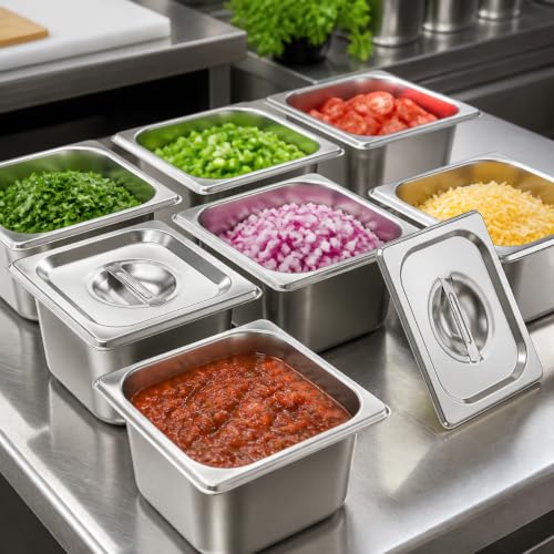 6 Pack Stainless Steel Hotel Pans with Lids, 1/6 Size 4 Inch Deep Steam Table Food Pans for Catering, Buffet and Food Prep - color: 1/6, size: 4inch