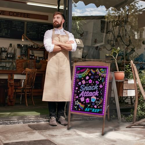Hosim LED Message Writing Board 32"x24", Standing A-Frame Wooden Drawing Board Illuminated Erasable Neon Menu Sign, 8 Colors Markers & 16 Lighting Colors Flashing Chalkboard Restaurant Menu Board