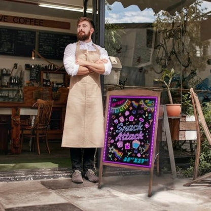 Hosim LED Message Writing Board 32"x24", Standing A-Frame Wooden Drawing Board Illuminated Erasable Neon Menu Sign, 8 Colors Markers & 16 Lighting Colors Flashing Chalkboard Restaurant Menu Board