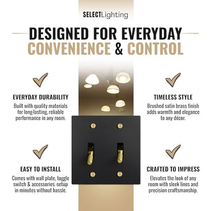 SELECT 2-Gang Solid Brass Toggle Switch, 3-Way Compatible with Faceplate - color: Black with Brass, size: 2 Gang, style: Toggle Switch