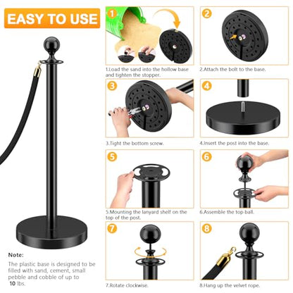 LOVMOR 6PCS Stanchion Post, Crowd Control Barriers, 5 ft Black Velvet Rope Red Carpet Ropes and Poles, Stainless Steel Gold Stanchions Used for Theaters, Parties, Wedding, Exhibition - color: Black-6pack
