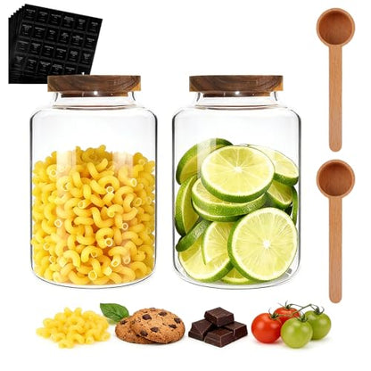 66oz Large Glass Storage Jar with Wooden Lids Spoons Labels Glass Coffee Ground Canister Borosilicate Glass Sugar Flour Container for Cookies Spice Rice Tea(2000ml/67oz-2 pack-with scoop) - color: 2000ml/67oz-2 pack-with scoop