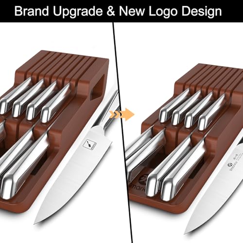 imarku 10 PCS Stainless Steel Drawer Knife Set with Wooden Organizer - color: Reddish Brown