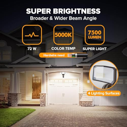 LUTEC 72W 7500LM LED Security Lights Motion Sensor Light Outdoor, 5000K Daylight, IP65 Waterproof, Dusk to Dawn, 3-Head Motion Detected Flood Light for Garage, Yard, Porch(Brown) - color: Brown, size: 1 Pack