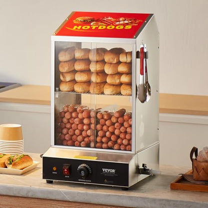 VEVOR Hot Dog Machine, 36 L, 2-Tier Hot Dog Steamer for 200 Hotdogs & 42 Buns, 1200W Electric Bun Warmer Cooker with Rotary Knob Temp Display - size: 2-Tier-38Qt