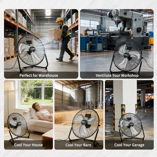 High Speed Industrial Floor Fan – 3300 CFM Heavy Duty Metal Air Circulator – 3 Speeds, 360° Adjustable Tilt, Portable Carry Handle – Powerful Cooling for Garage, Workshop, Commercial, Gym - size: 18 IN