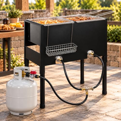 Barton Outdoor Propane Deep Fryer with Dual Burners & 3 Fry Baskets, High Pressure Double Tank Fryer Station for Fish Fry, Seafood Boil, Shrimp, Wings, Chicken & Backyard Cooking