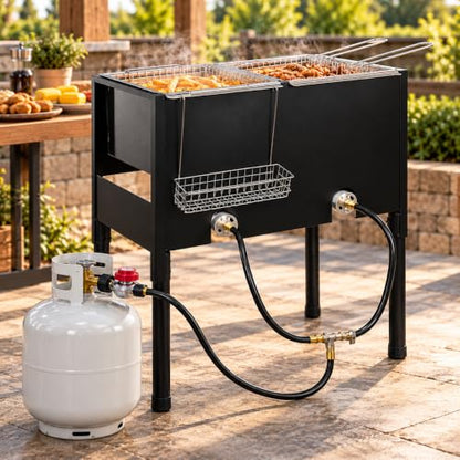 Barton Outdoor Propane Deep Fryer with Dual Burners & 3 Fry Baskets, High Pressure Double Tank Fryer Station for Fish Fry, Seafood Boil, Shrimp, Wings, Chicken & Backyard Cooking
