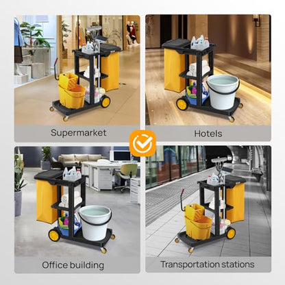 TUFFIOM Commercial Traditional Cleaning 3-Shelf Janitorial Cart, 500 Lbs Capacity Housekeeping Cart, Wheeled with Yellow VinylBag and Cover w Lid, Black, - color: Black