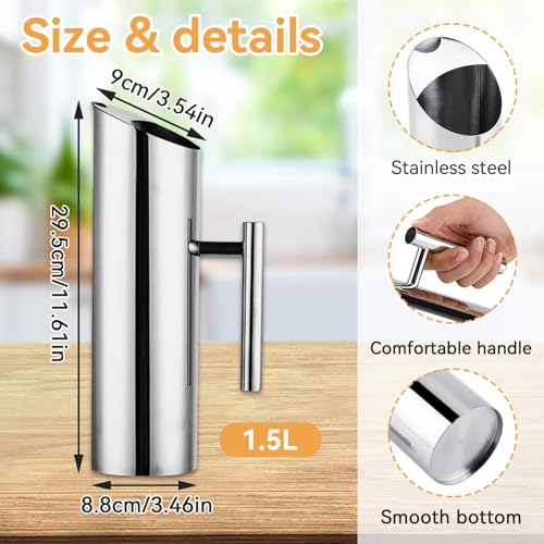 1.5L/53oz Stainless Steel Water Pitcher with Ice Guard, Modern Metal Water Pitcher Silver Carafe Drink Pitcher with Handle and Lid, Beverage Container Jug for Juice Coffee Milk, Iced/Hot Tea - size: Medium