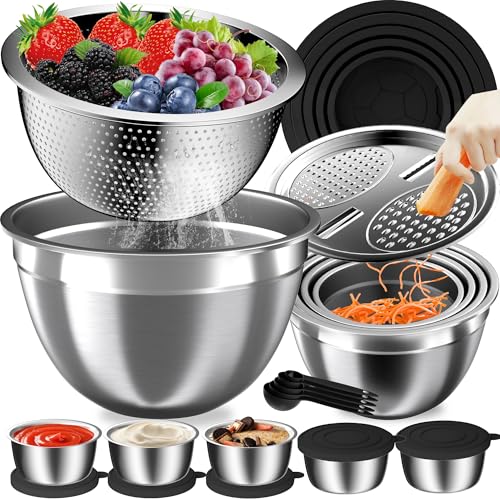 Mixing Bowls with Lids Set, 27Pcs Stainless Steel Nesting Mixing Bowls Set for Kitchen Cooking & Storage, Metal Salad Bowls with Colander, Strainer, Grater & Dressing Containers, Kitchen Gadgets Black - color: Coal-Black