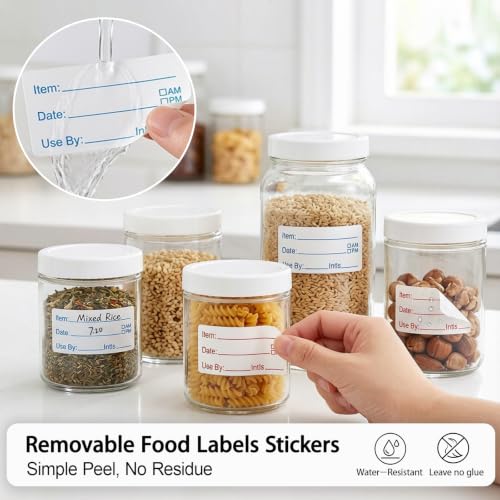 1200 PCS Removable Freezer Labels, 1 x 2 Inch Food Labels for Containers, Water Resistant Refrigerator Food Storage Date Stickers, No Residue Write-on Mason Jar Canning Labels for Kitchen Meal Prep