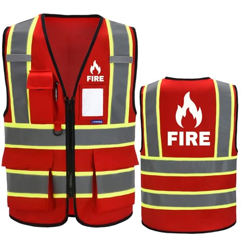 AYKRM Security Vest for Men Women 7 Pockets High Visibility Reflective Safety Vest Front Zipper Meets ANSI/ISEA - color: Red, size: X-Small