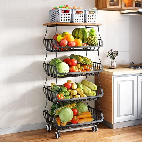 BEEY Metal Storage Baskets with Wheels, Metal Wire Market Basket Storage Organizer Cart Rolling Stackable Storage Bins for Kitchen,Pantry,Bedroom (Black w/Tabletop, 5 Tier) - color: Black W/Tabletop, size: 5 Tier