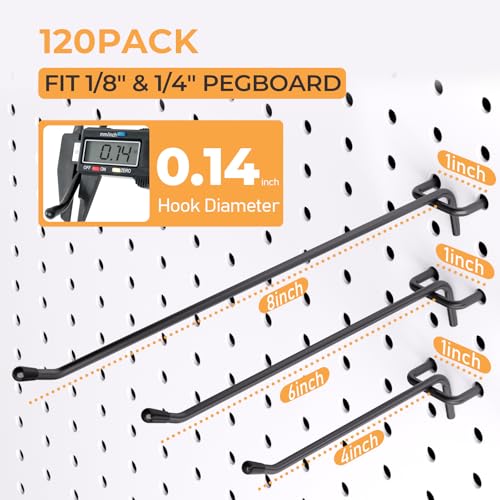 INCLY 120 Pack Pegboard Hooks, 4/6/8 Inch Peg Board Hooks Accessories - color: Black, size: 4/6/8 Inch