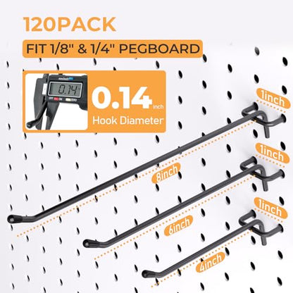 INCLY 120 Pack Pegboard Hooks, 4/6/8 Inch Peg Board Hooks Accessories - color: Black, size: 4/6/8 Inch