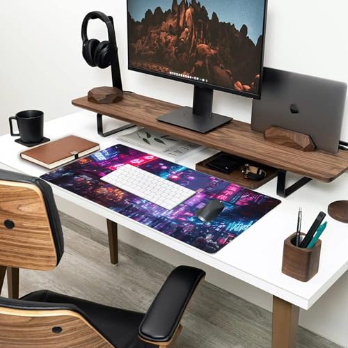 Desk Mat,Cyberpunk Neon City Large Gaming Mouse Pad for Desk XXL,Futuristic Night Street Desk Pad,Extended Big Computer Keyboard Mouse Pad with Non-Slip Base and Stitched Edge 35.4"x15.7" - color: Cyberpunk Neon City, size: 15.7" x 35.4"