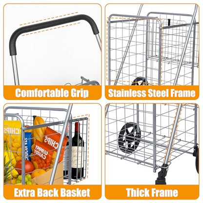 Whitmor Utility Folding Shopping Cart, 115L Heavy Duty Grocery Cart with Double Basket, 360° Swivel Wheels, Foldable Rolling Utility Trolley, 110 Lbs Capacity for Grocery, Laundry, Travel, Sliver - size: 21.29"L x 21.65"W x 36.2"H, Sliver