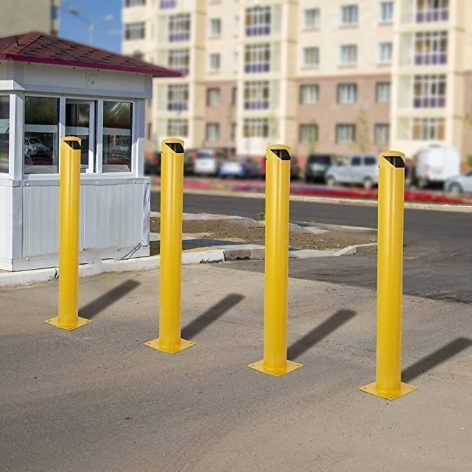 4-Pack 36 Inch Steel Safety Bollards, 4.5 Inch Diameter Parking Bollard Post with 16 Anchor Bolts, Yellow Safety Steel Bollard Post for Driveway Barrier, Traffic Control & Storefront Protection - size: 36 Inch