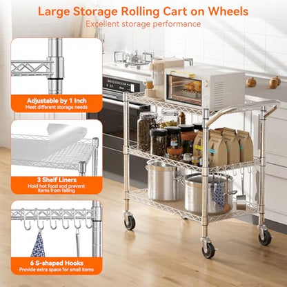 NTE 3 Tier Heavy Duty Rolling Utility Cart on Wheels, 990Lbs Capacity Rolling Wire Cart, Kitchen Carts on Wheels, NSF Commercial Metal Serving Cart with Handle and Shelf Liners for Kitchen, Restaurant - color: Sliver