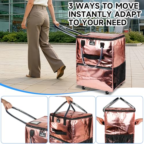 Reusable Grocery Bag On Wheels, 70L Foldable Rolling Tote with 6 Pockets - color: Rose Gold, size: Medium