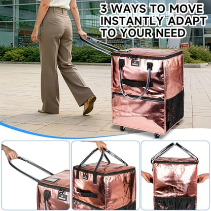 Reusable Grocery Bag On Wheels, 70L Foldable Rolling Tote with 6 Pockets - color: Rose Gold, size: Medium