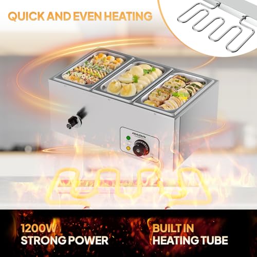 Bonnlo 21 QT 3 Pan Commercial Electric Food Warmer, Counter Top Electric Bain-Marie with Warming Plate, Steam Table Food Warmer for Catering, Parties Buffet and Restaurant, Stainless Steel, 1200W - size: 21 QT-3 pan