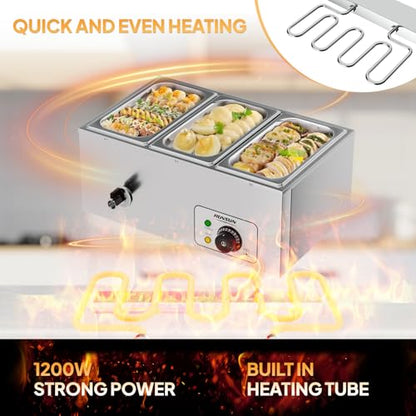 Bonnlo 21 QT 3 Pan Commercial Electric Food Warmer, Counter Top Electric Bain-Marie with Warming Plate, Steam Table Food Warmer for Catering, Parties Buffet and Restaurant, Stainless Steel, 1200W - size: 21 QT-3 pan