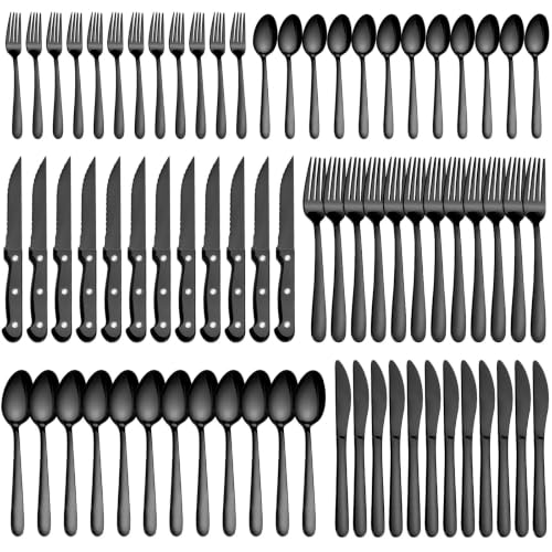 Pleafind 72Pcs Black Silverware Sets for 12 - Dishwasher Safe, Stainless Steel Cutlery Set with Steak Knives, Flatware Set, Include Forks Spoons and Knives Set, Utensil Sets for Home Restaurant - color: Black, size: 72P