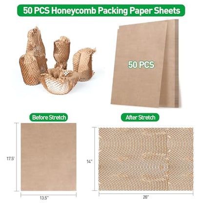 MAXECHO 50 Sheets Honeycomb Packing Paper Expanded Size 14" × 20" Unexpanded Size 17.5" × 13.5" Bubble Cushioning Wrap for Moving Shipping Products Gifts Wrapping Essential Packaging Material Supplies - size: 13.5" × 17.5"