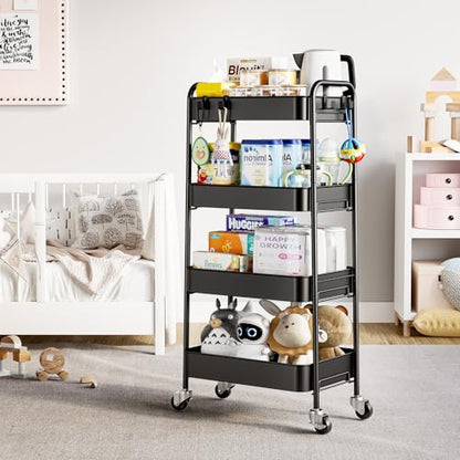 TOOLF 4 Tier Metal Rolling Cart, Utility Storage Cart with Wheels, Black - color: Black, size: 4-Tier