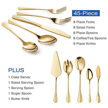 Gold Silverware Flatware Set, HF HOFTEN 45-Piece Stainless Steel Durable Cutlery Serving Set, Service for 8, Modern Elegant Design for Home/Hotel/Restaurant, Mirror Polished & Dishwasher Safe - color: HX032-45GO