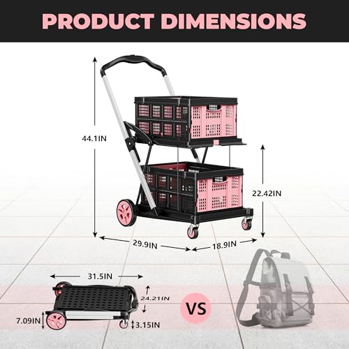 8-in-1 Max 200LBS Collapsible Shopping Cart on Wheels with 2 Storage Crates, Portable Foldable Shopping Cart with Foot Brake for Picnic, Supermarket, Office, Pink-2026 Upgraded - color: Pink