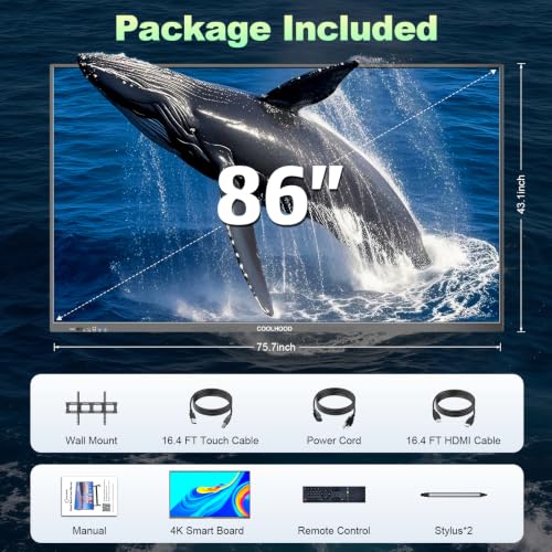 COOLHOOD 86" Smart Board, 4K UHD Touchscreen Interactive Digital Whiteboard Display, Electronic All-in-One Computer for Classroom Office Home Business w/Open App Ecosystem (Board & Wall Mount Only) - size: 86Inch