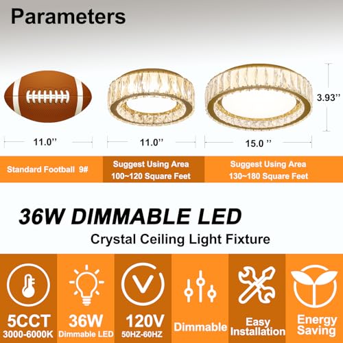 15 Inch Gold Dimmable Crystal LED Flush Mount Ceiling Light - color: Gold, size: 15 Inch