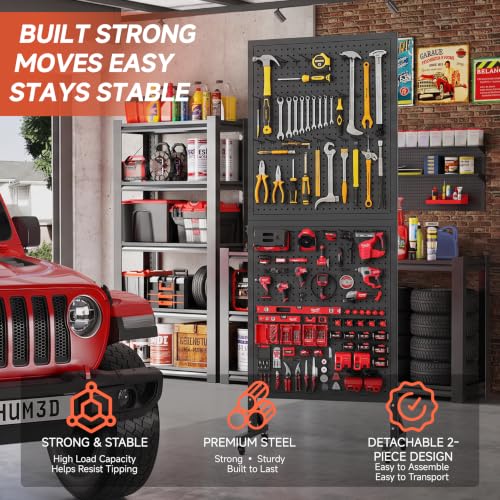 Peg Board Display Stand with Wheels,50 Hooks,2'x 5.5' - Black - color: Black