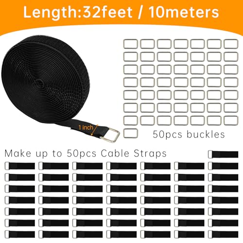 1" x32ft Hook and Loop Straps, Long Adjustable Fastening Straps with 50 Metal Buckles, Cut to Length Cinch Straps, Reusable Nylon Securing Cord Ties for Organizer or Storage - color: 1"x32ft