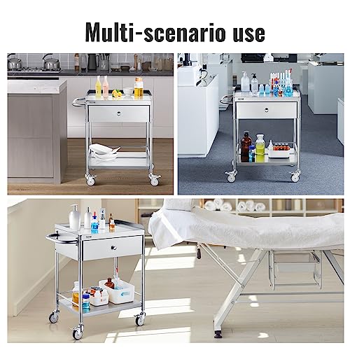 VEVOR Stainless Steel Utility Cart with Wheels - Medical/Dental Lab Cart - 2 Shelves/1 Drawer - style: Catering Cart