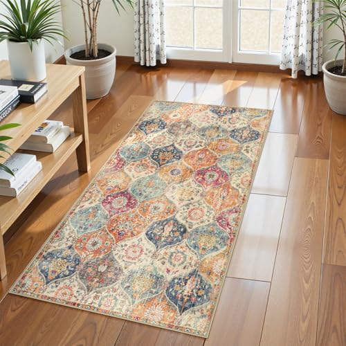 Lahome Moroccan Hallway Rug, 2x5 Washable Runner Rug Non Slip - color: Burnt Orange/Teal Multi, size: 2' X 5' (Runner)