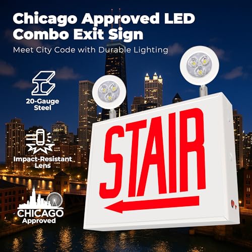 LFI Lights - UL Certified - Hardwired Red LED Chicago Approved Combo Exit Sign - Battery Backup - Emergency Fire Safety - UL924 - CHCO (STAIR Left Arrow) - style: STAIR Left Arrow