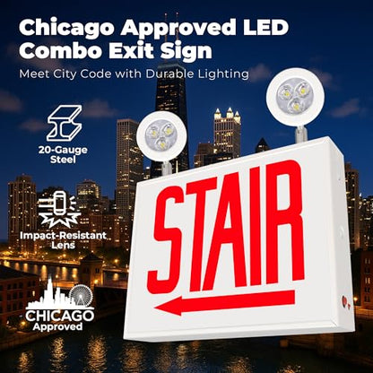 LFI Lights - UL Certified - Hardwired Red LED Chicago Approved Combo Exit Sign - Battery Backup - Emergency Fire Safety - UL924 - CHCO (STAIR Left Arrow) - style: STAIR Left Arrow