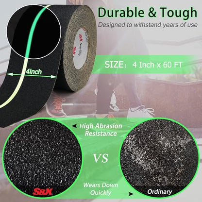S&X Anti Slip Tape 4in x 60ft Grip Tape for Stairs Ramps, Glow-in-the-Dark - color: Black/Glow-in-the-Dark, size: 4" X 60'