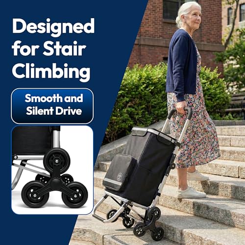 Foldable Stair Climbing Shopping Cart with Wheels – 3-in-1 Grocery Trolley, Backpack & Hand Truck – Lightweight Aluminum Frame, Waterproof Insulated Bag, Side Pockets – Cart for Groceries & Laundry