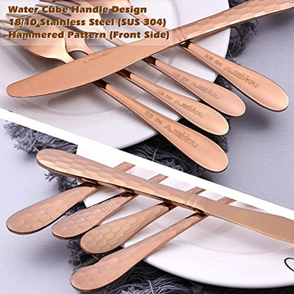 Hammered Silverware Set 20-Piece, 18/10 Stainless Steel Flatware Cutlery Silverware Set Service for 4, Unique Design Knife Fork Spoon Silverware Set, Mirror Polished,Dishwasher Safe (Rose Gold) - color: Rose Gold