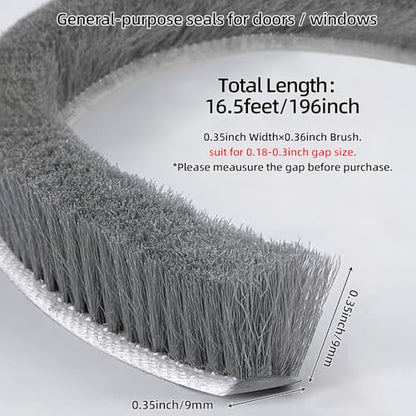 16.5FT Weather Stripping Self-Adhesive Pile Window Seal, Dense Brush for Insulation， Soundproofing, Windproof, Dustproof, for Sliding Door Frame, Glass Window, Exterior Door, 0.35" Wide x 0.35" Thick